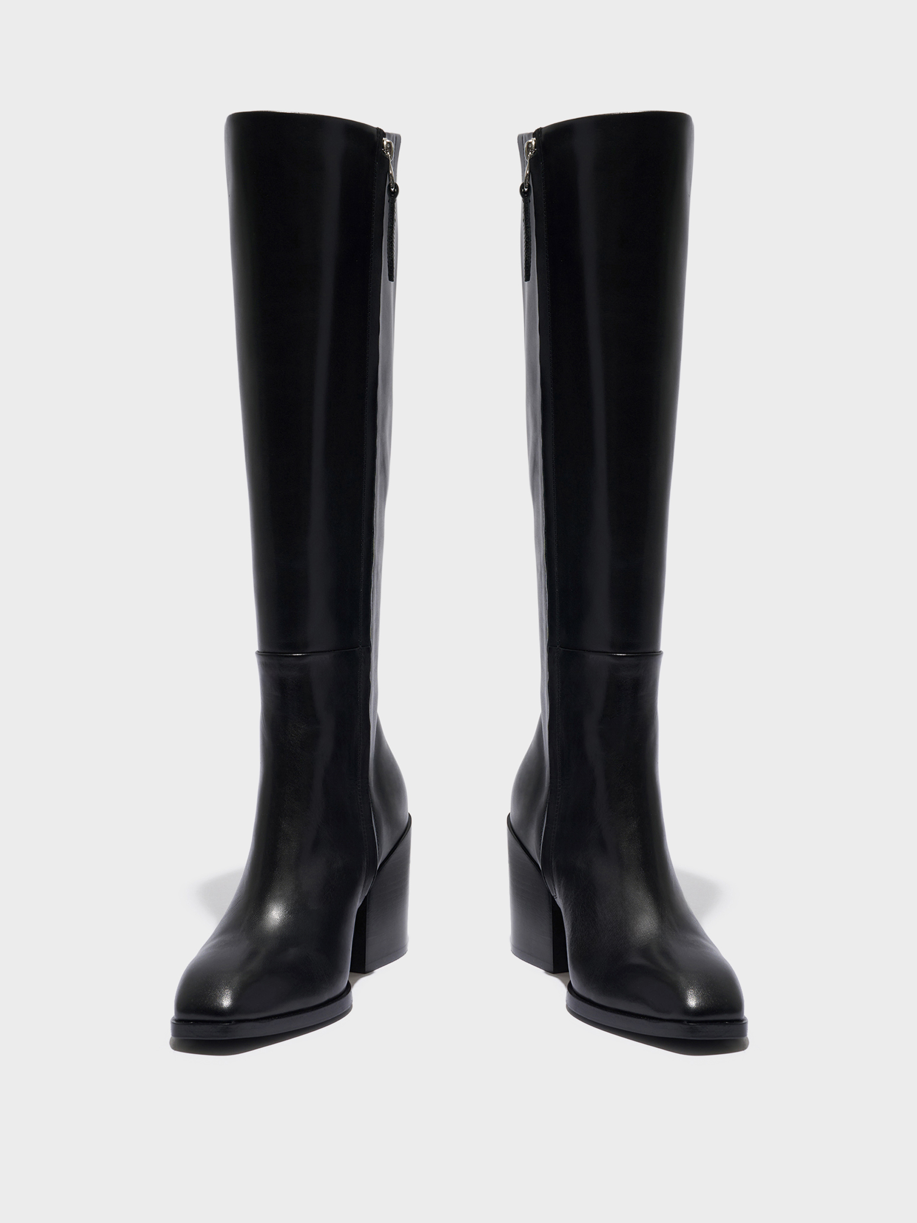 Aeyde | Teresa Leather Knee-High Boots Leather Knee High Boots for Women | Black Calf | Square Toe | High Heel | Front View
