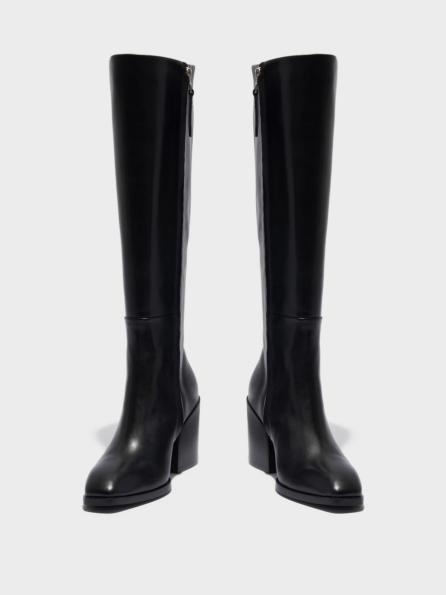 Aeyde | Teresa Leather Knee-High Boots Leather Knee High Boots for Women | Black Calf | Square Toe | High Heel | Front View