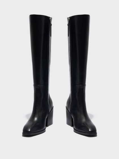 Aeyde | Teresa Leather Knee-High Boots Leather Knee High Boots for Women | Black Calf | Square Toe | High Heel | Front View
