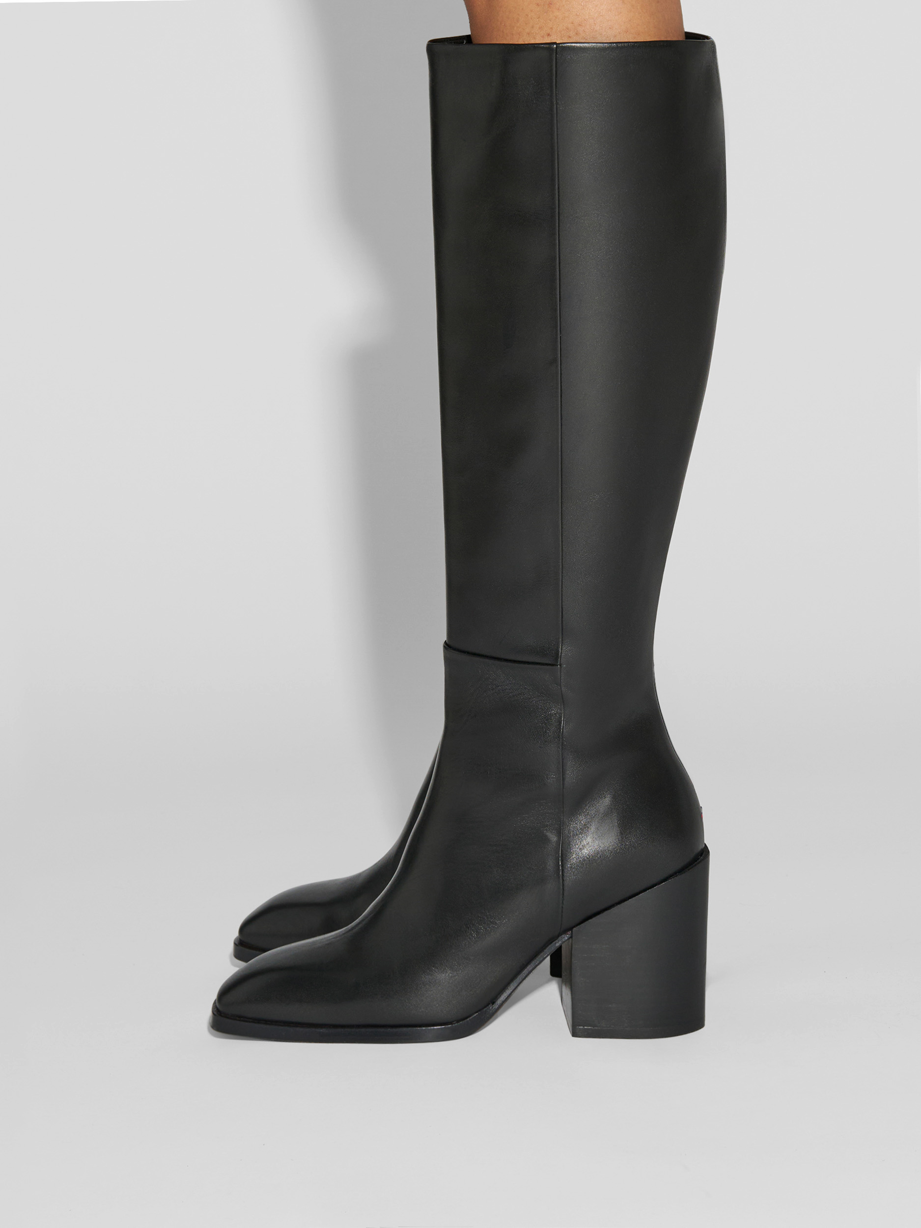 Aeyde | Teresa Leather Knee-High Boots Leather Knee High Boots for Women | Black Calf | Square Toe | High Heel | How to Style