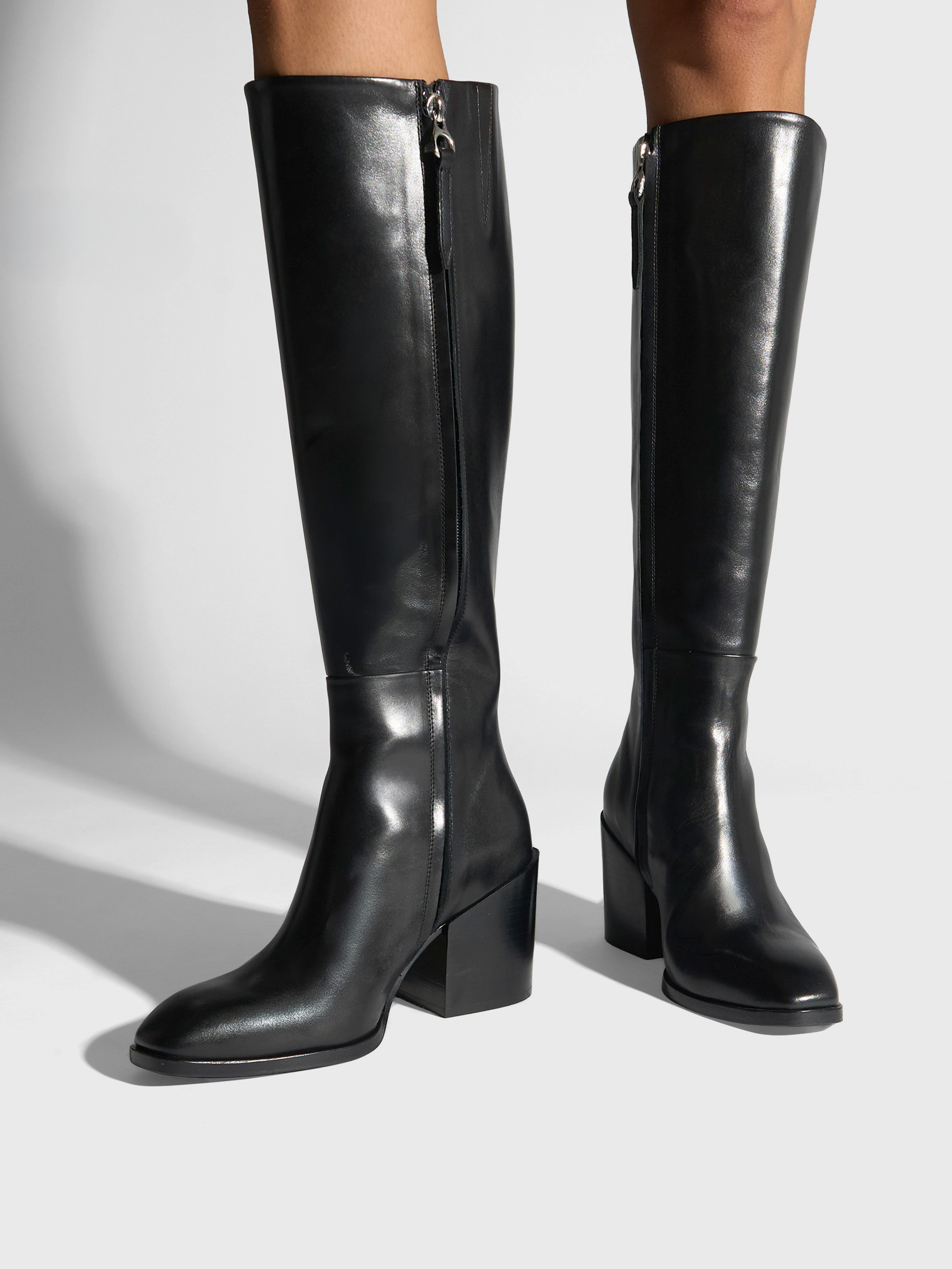 Aeyde | Teresa Leather Knee-High Boots Leather Knee High Boots for Women | Black Calf | Square Toe | High Heel | On Feet
