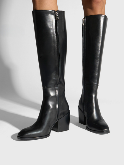 Aeyde | Teresa Leather Knee-High Boots Leather Knee High Boots for Women | Black Calf | Square Toe | High Heel | On Feet