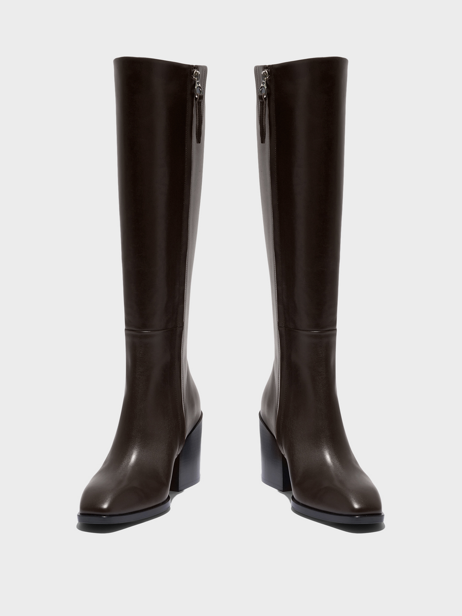 Aeyde | Teresa Leather Knee-High Boots Leather Knee High Boots for Women | Moka Calf | Square Toe | High Heel | Front View