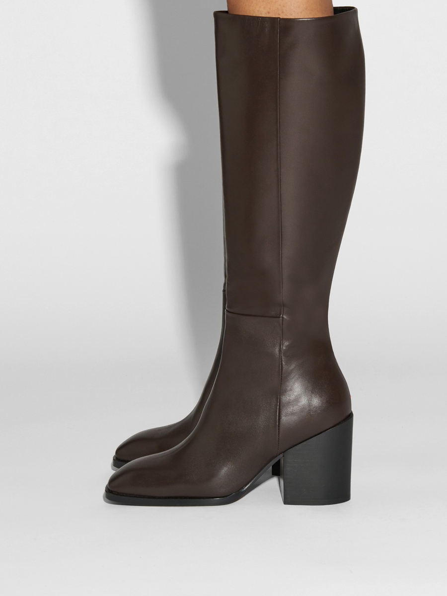 Aeyde | Teresa Leather Knee-High Boots Leather Knee High Boots for Women | Moka Calf | Square Toe | High Heel | How to Style