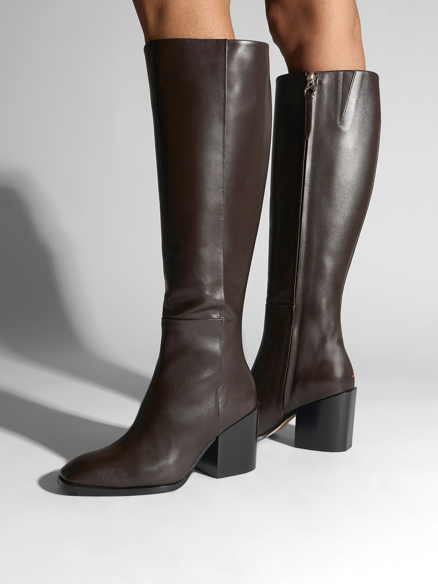 Aeyde | Teresa Leather Knee-High Boots Leather Knee High Boots for Women | Moka Calf | Square Toe | High Heel | On Feet