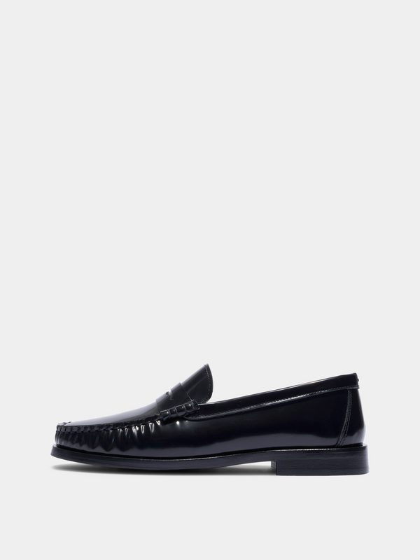 Aeyde | Terry Polido Leather Loafers Leather Flats for Women | Black Polido | Round Toe | Low Heel | Side View