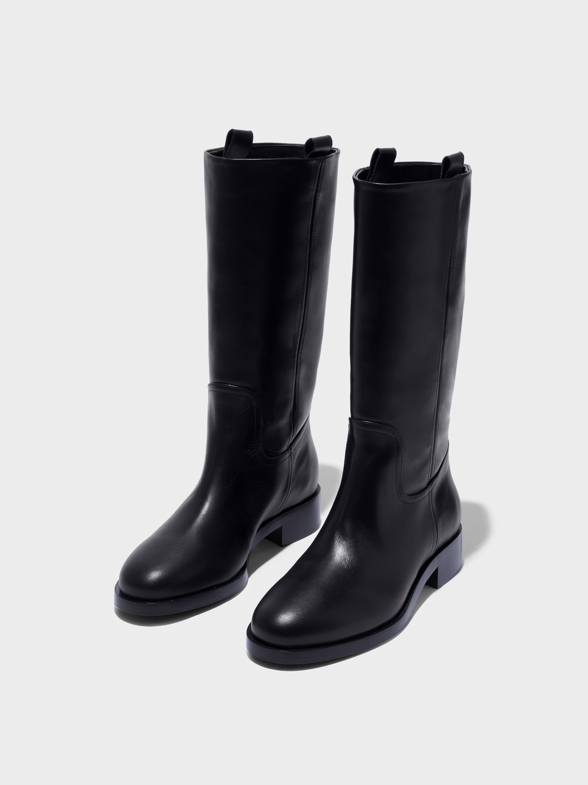 Aeyde | Theo Knee-High Boots Leather Knee High Boots for Women | Black Calf | Round Toe | Low Heel | Luxury Materials | Handmade in Italy