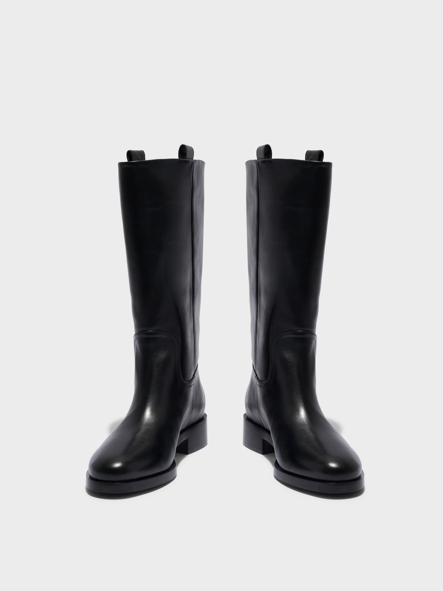 Aeyde | Theo Knee-High Boots Leather Knee High Boots for Women | Black Calf | Round Toe | Low Heel | Front View