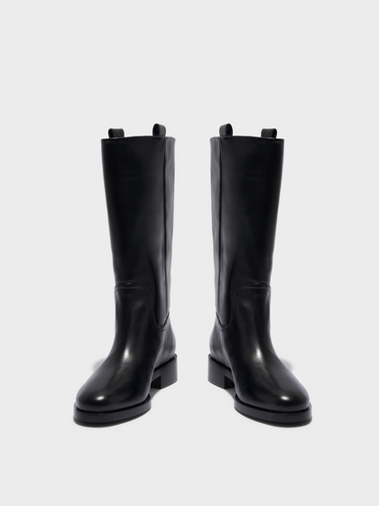 Aeyde | Theo Knee-High Boots Leather Knee High Boots for Women | Black Calf | Round Toe | Low Heel | Front View
