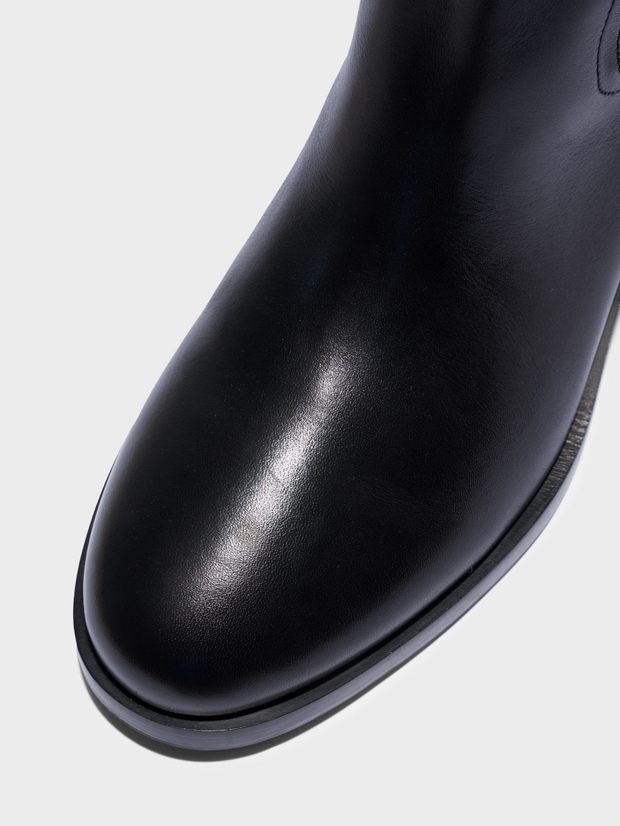 Aeyde | Theo Knee-High Boots Leather Knee High Boots for Women | Black Calf | Round Toe | Low Heel | Heel Details