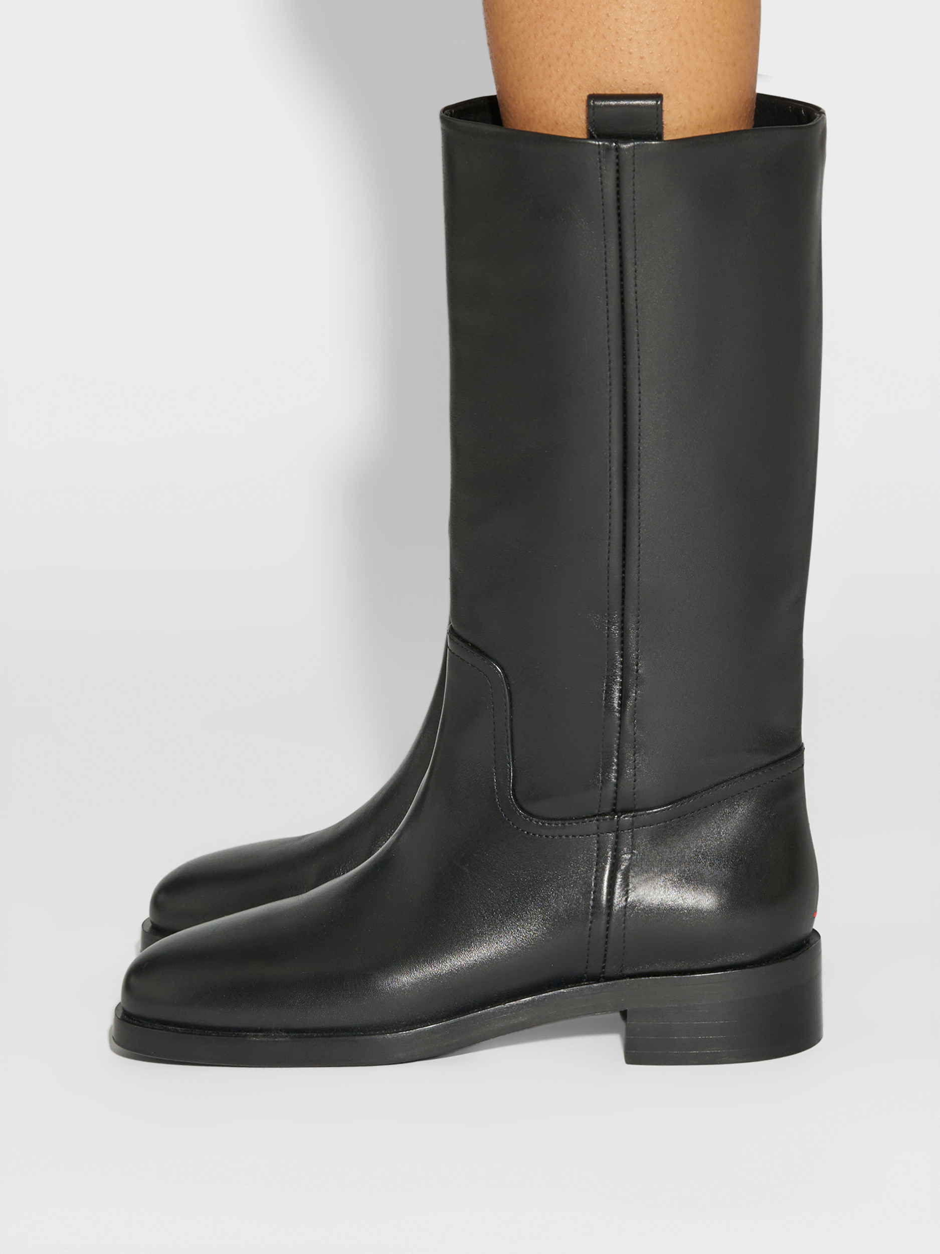 Aeyde | Theo Knee-High Boots Leather Knee High Boots for Women | Black Calf | Round Toe | Low Heel | How to Style