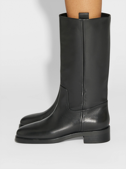 Aeyde | Theo Knee-High Boots Leather Knee High Boots for Women | Black Calf | Round Toe | Low Heel | How to Style