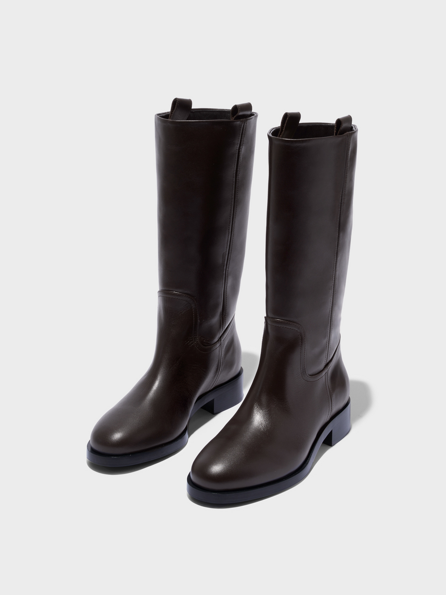 Aeyde | Theo Knee-High Boots Leather Knee High Boots for Women | Moka Calf | Round Toe | Low Heel | Luxury Materials | Handmade in Italy