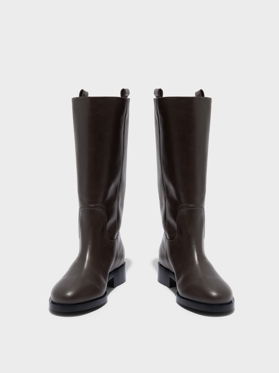 Aeyde | Theo Knee-High Boots Leather Knee High Boots for Women | Moka Calf | Round Toe | Low Heel | Front View