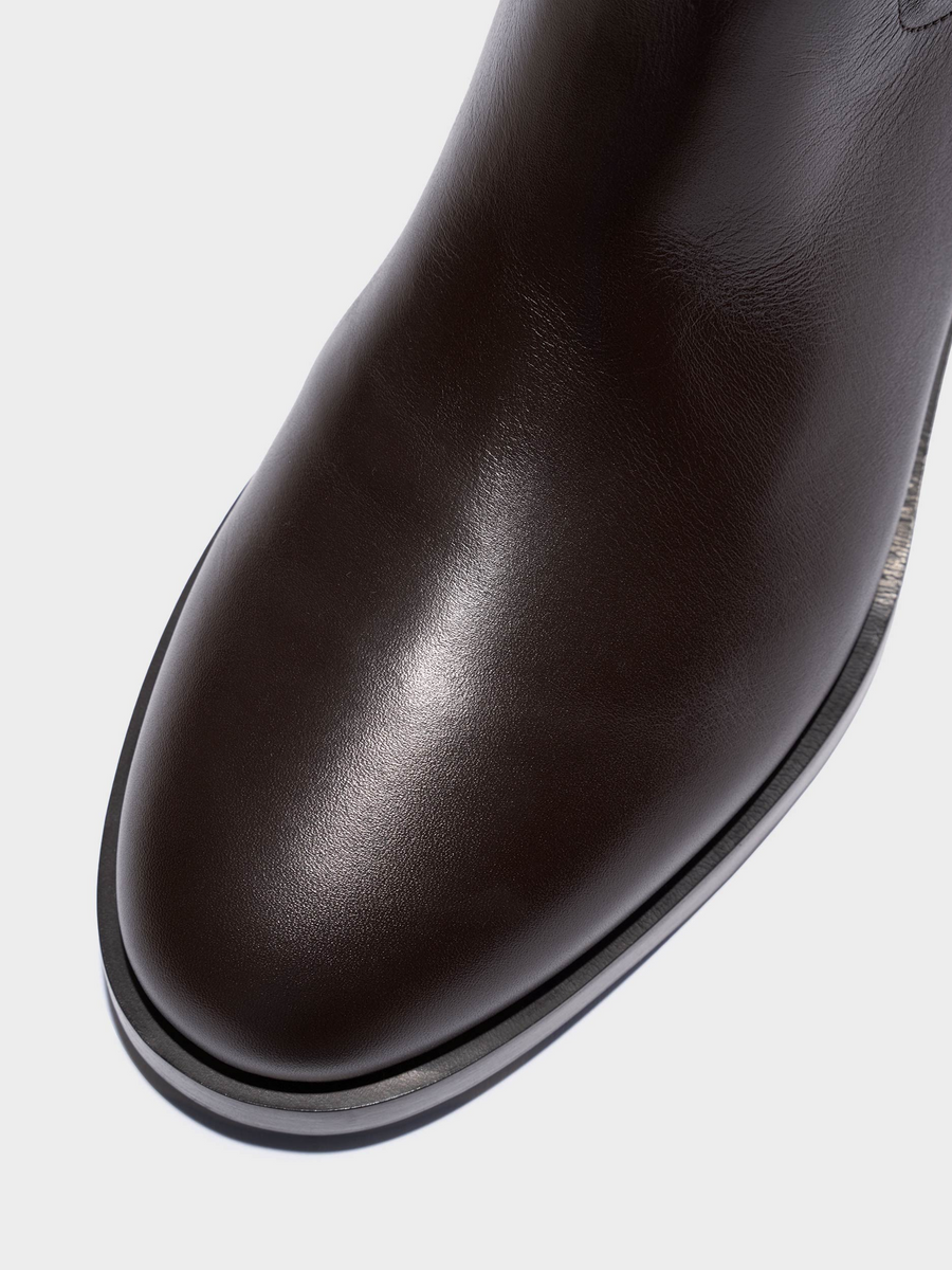 Aeyde | Theo Knee-High Boots Leather Knee High Boots for Women | Moka Calf | Round Toe | Low Heel | Heel Details