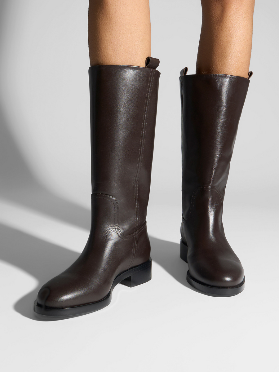 Aeyde | Theo Knee-High Boots Leather Knee High Boots for Women | Moka Calf | Round Toe | Low Heel | On Feet