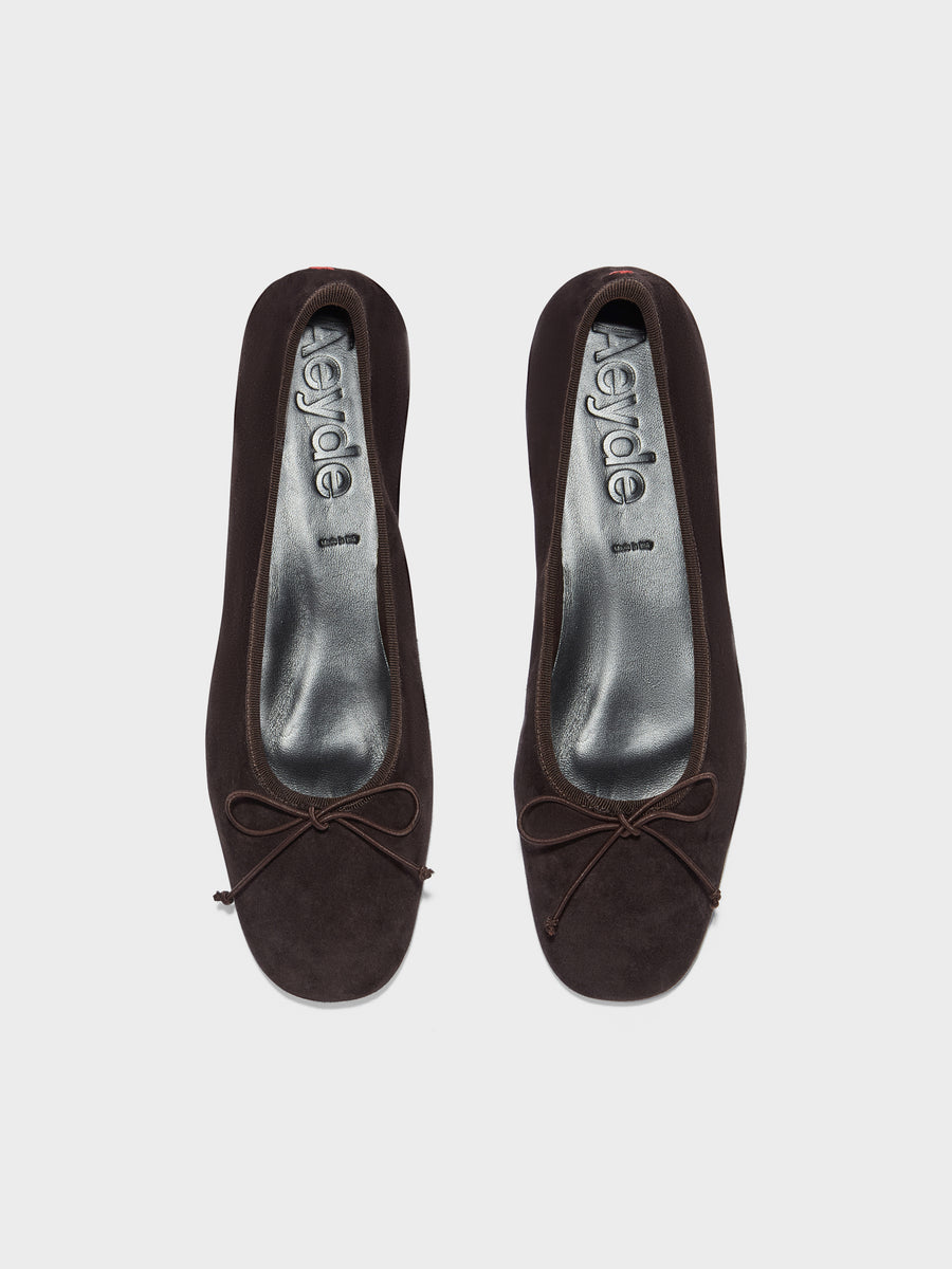Aeyde | Tiby Leather Flats for Women | Moka Suede | Round Toe | Flat Heel | Front View