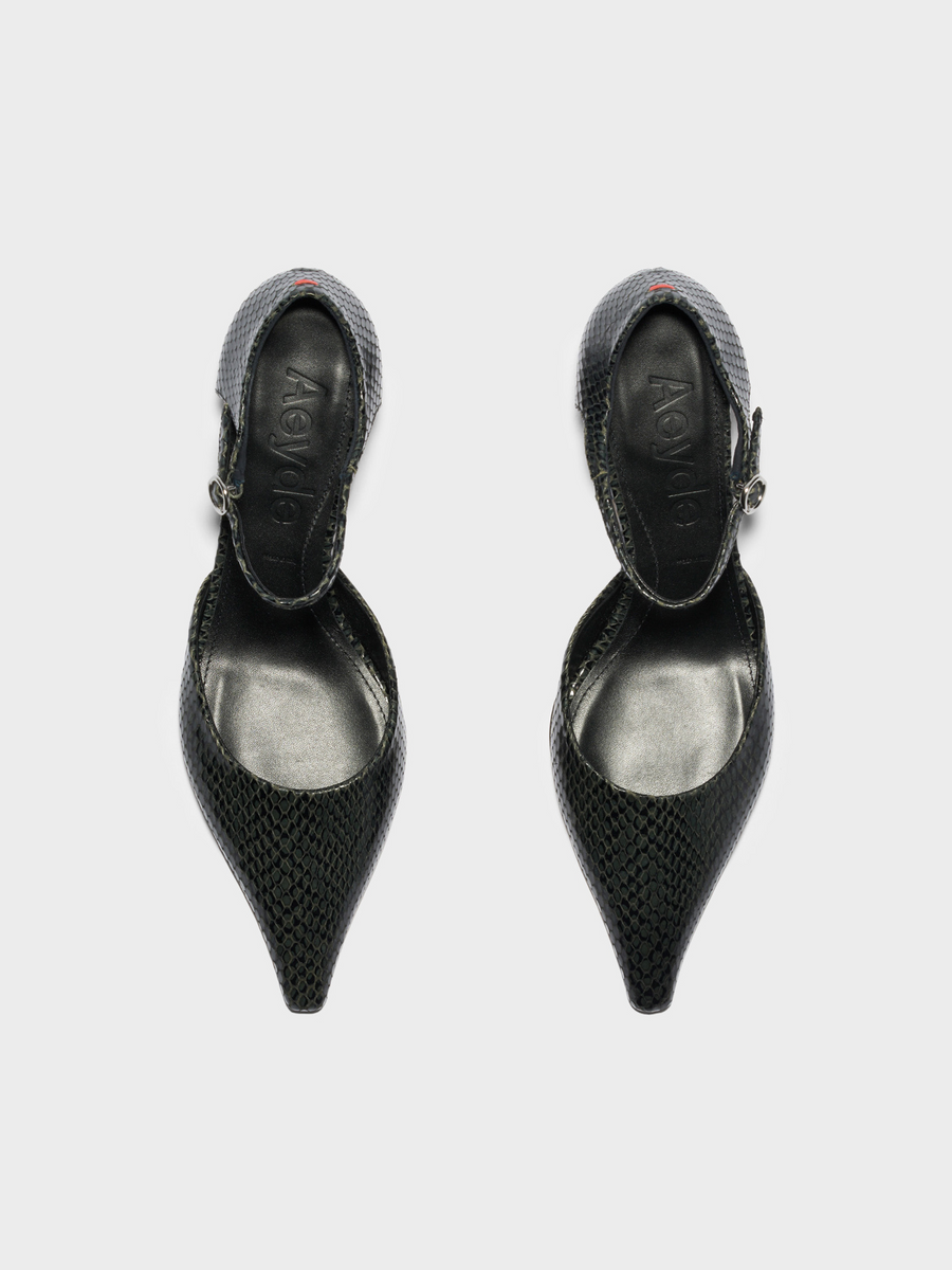 Aeyde | Tillie Ankle Strap Pumps Leather Pumps for Women | Moss Mini Snake | Pointed Toe | Low Heel | Front View
