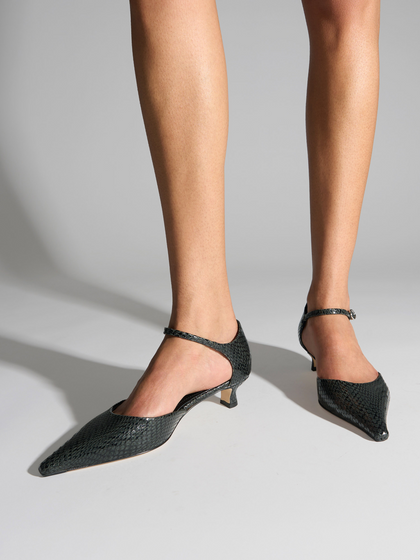 Aeyde | Tillie Ankle Strap Pumps Leather Pumps for Women | Moss Mini Snake | Pointed Toe | Low Heel | On Feet