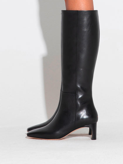Aeyde | Torin Leather Knee-High Boots Leather Knee High Boots for Women | Black Calf | Square Toe | Mid Heel | How to Style