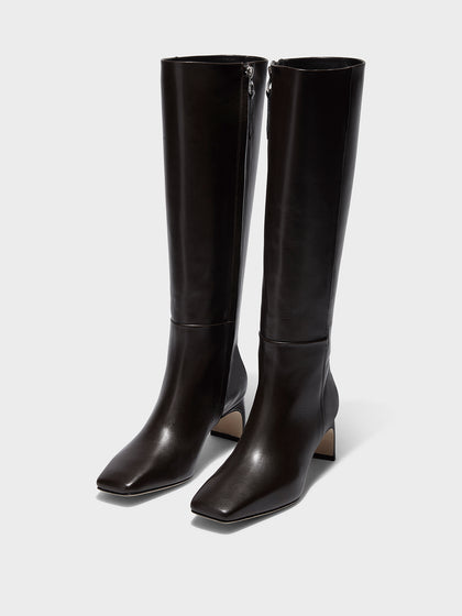 Aeyde | Torin Leather Knee-High Boots Leather Knee High Boots for Women | Moka Calf | Square Toe | Mid Heel | On Feet
