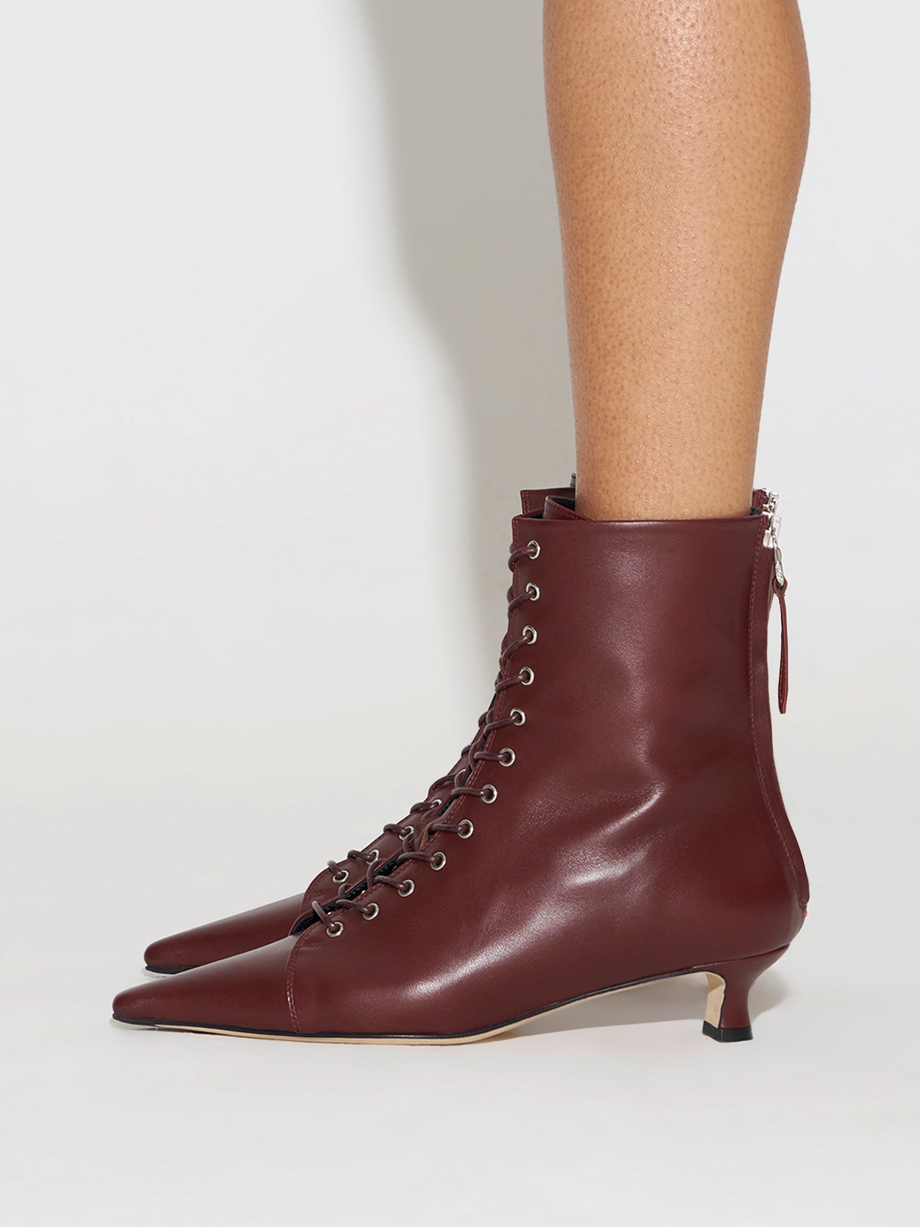 Aeyde | Trixi Leather Ankle Boots for Women | Port Calf | Pointed Toe | Low Heel | How to Style
