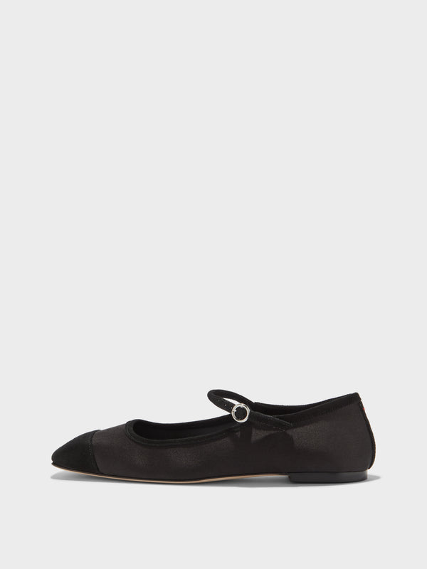 Aeyde | Uma Leather Flats for Women | Black Satin/Suede | Square Toe | Flat Heel | Side View [x=50,y=85]