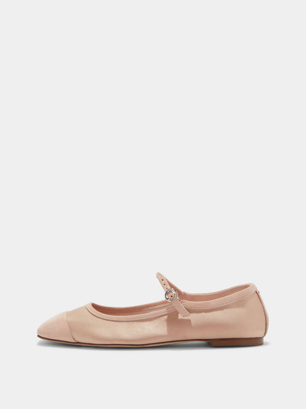 Aeyde | Uma Leather Flats for Women | Peach Satin/Suede | Square Toe | Flat Heel | Side View [x=50,y=85]