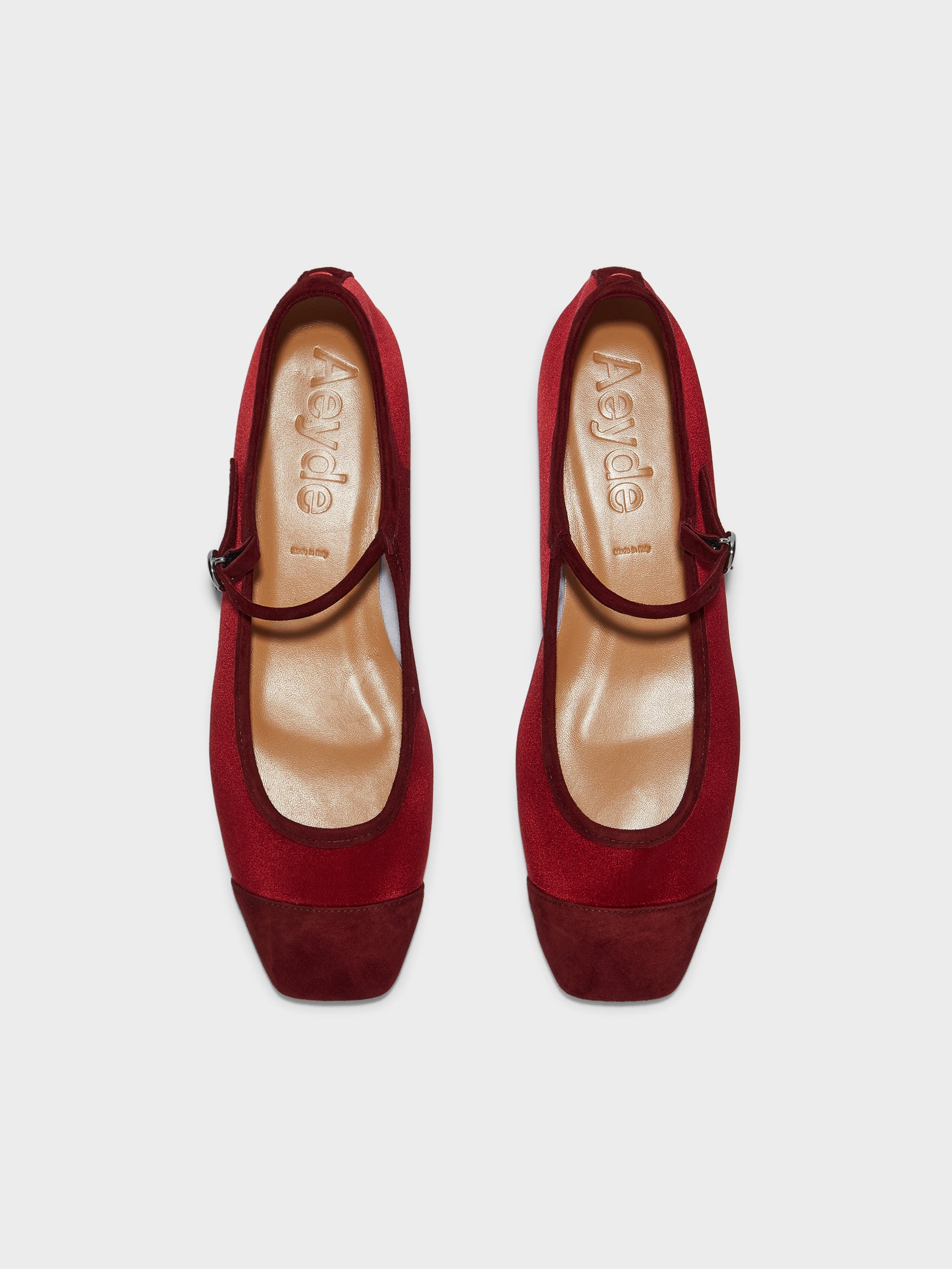 Aeyde | Uma Leather Flats for Women | Scarlet Satin/Suede | Square Toe | Flat Heel | Front View