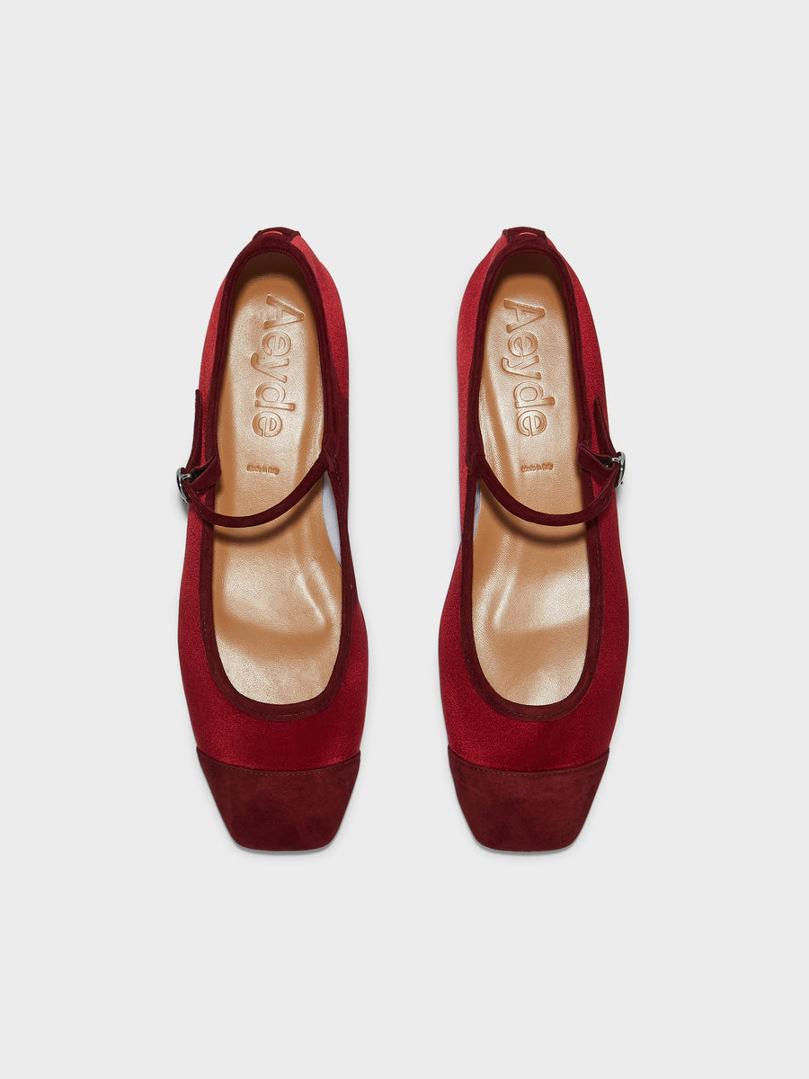 Aeyde | Uma Leather Flats for Women | Scarlet Satin/Suede | Square Toe | Flat Heel | Front View