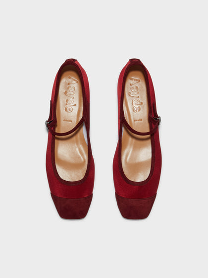 Aeyde | Uma Leather Flats for Women | Scarlet Satin/Suede | Square Toe | Flat Heel | Front View