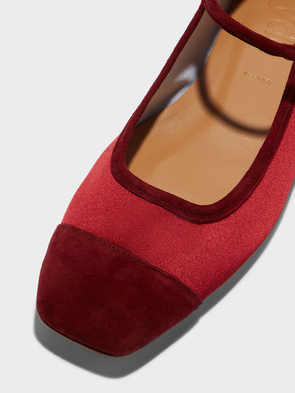 Aeyde | Uma Leather Flats for Women | Scarlet Satin/Suede | Square Toe | Flat Heel | Heel Details