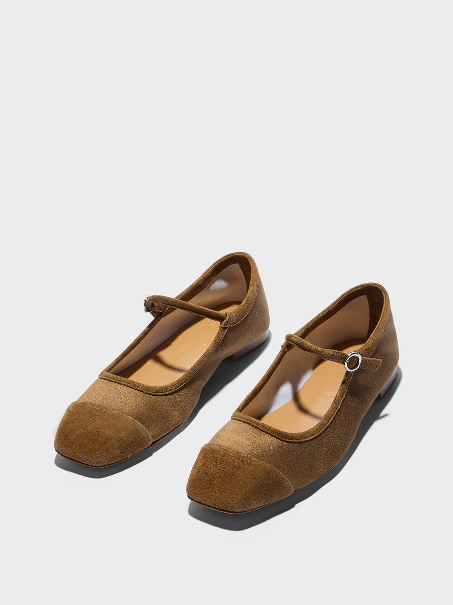 Aeyde | Uma Leather Flats for Women | Tobacco Satin/Suede | Square Toe | Flat Heel | Luxury Materials | Handmade in Italy