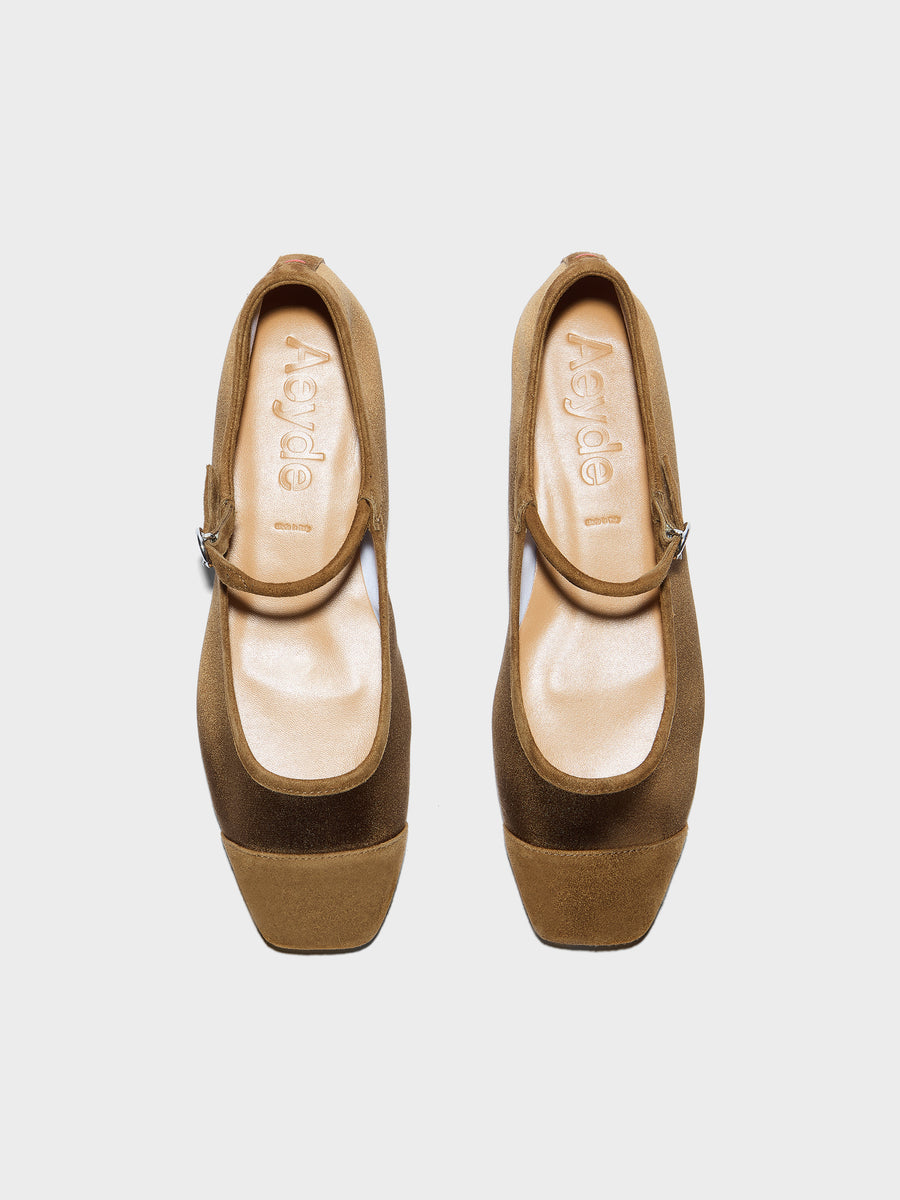 Aeyde | Uma Leather Flats for Women | Tobacco Satin/Suede | Square Toe | Flat Heel | Front View