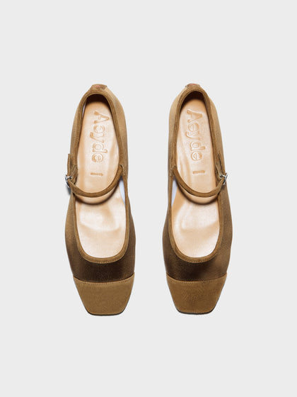 Aeyde | Uma Leather Flats for Women | Tobacco Satin/Suede | Square Toe | Flat Heel | Front View