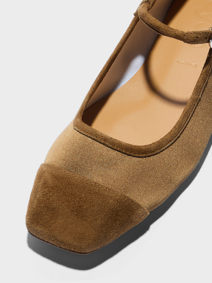 Aeyde | Uma Leather Flats for Women | Tobacco Satin/Suede | Square Toe | Flat Heel | Heel Details