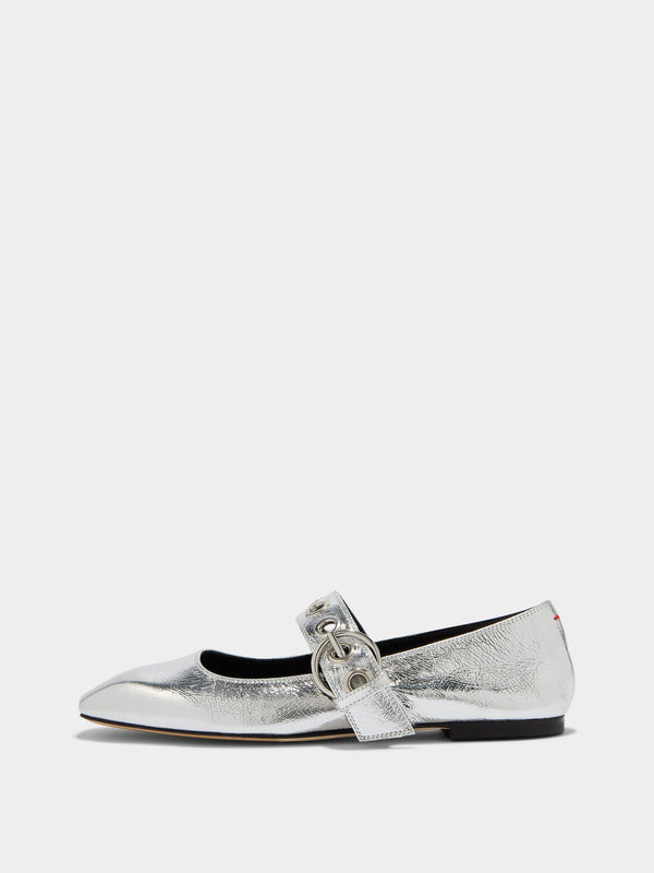 Aeyde | Uma Leather Flats for Women | Silver Crackle Calf | Square Toe | Flat Heel | Side View