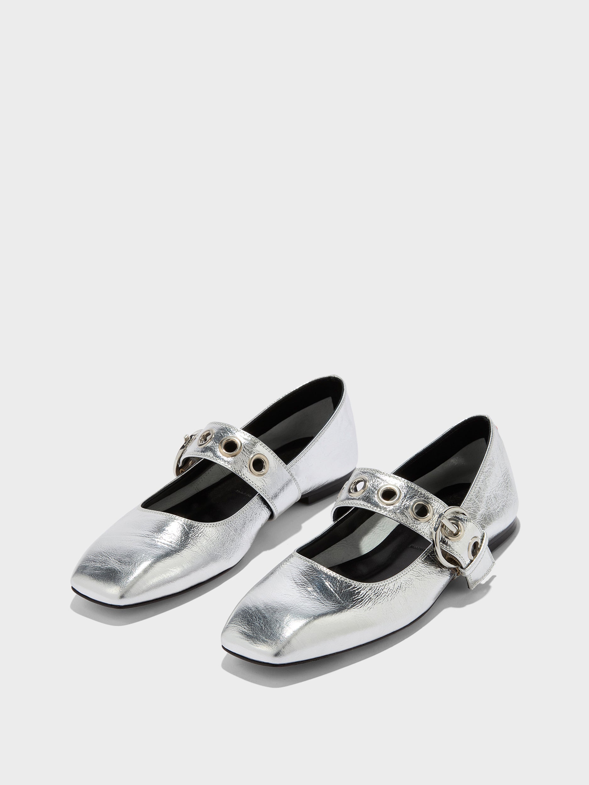 Aeyde | Uma Leather Flats for Women | Silver Crackle Calf | Square Toe | Flat Heel | Luxury Materials | Handmade in Italy