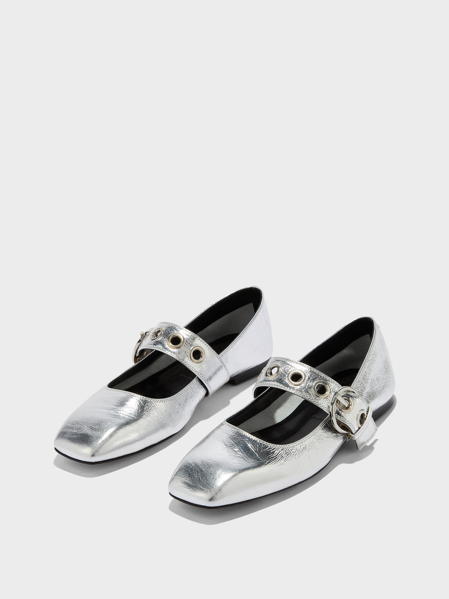 Aeyde | Uma Leather Flats for Women | Silver Crackle Calf | Square Toe | Flat Heel | Luxury Materials | Handmade in Italy