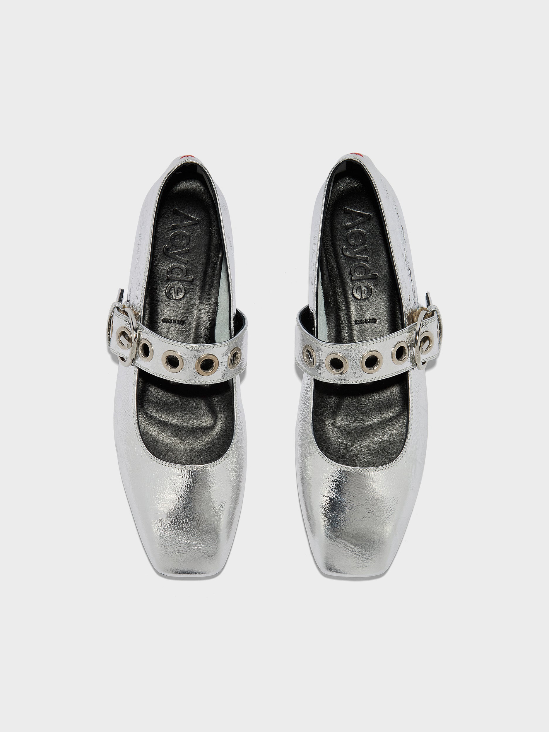 Aeyde | Uma Leather Flats for Women | Silver Crackle Calf | Square Toe | Flat Heel | Front View