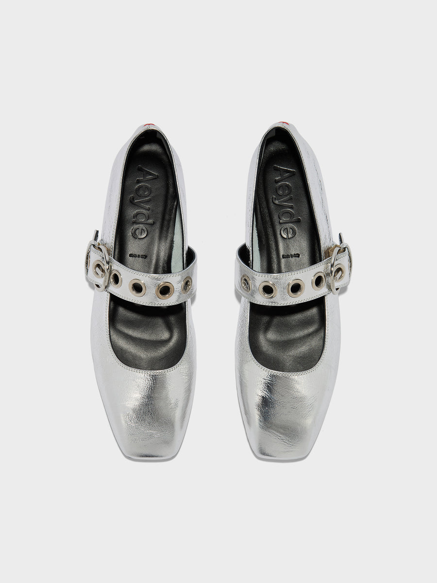 Aeyde | Uma Leather Flats for Women | Silver Crackle Calf | Square Toe | Flat Heel | Front View