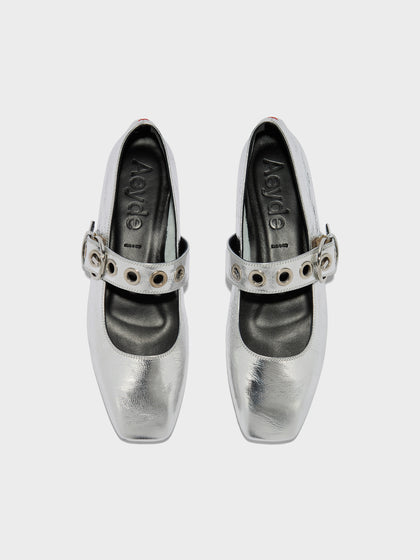 Aeyde | Uma Leather Flats for Women | Silver Crackle Calf | Square Toe | Flat Heel | Front View
