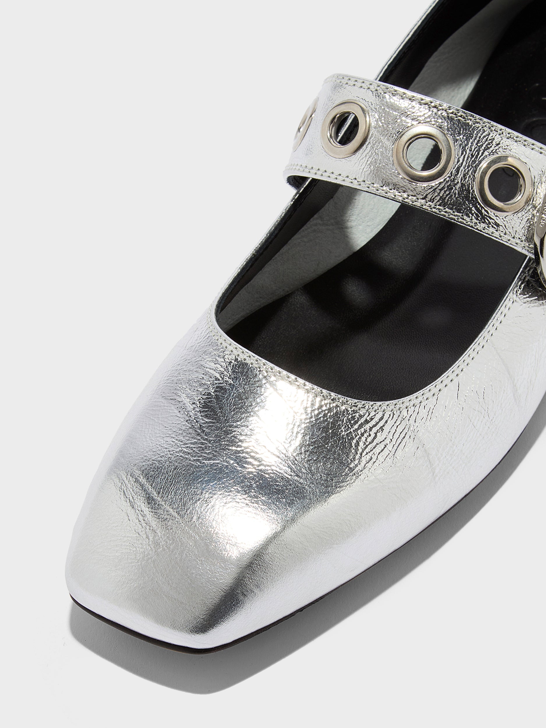 Aeyde | Uma Leather Flats for Women | Silver Crackle Calf | Square Toe | Flat Heel | Heel Details