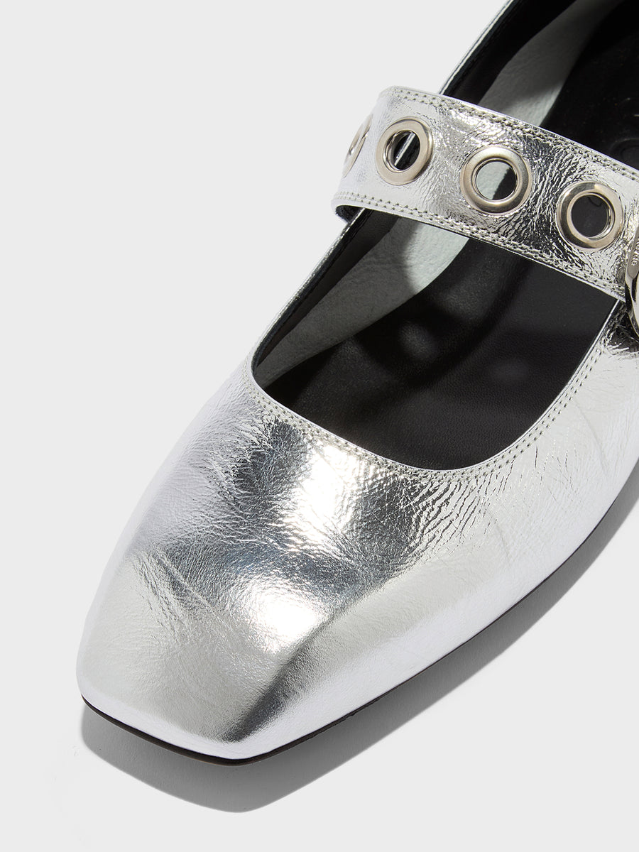 Aeyde | Uma Leather Flats for Women | Silver Crackle Calf | Square Toe | Flat Heel | Heel Details