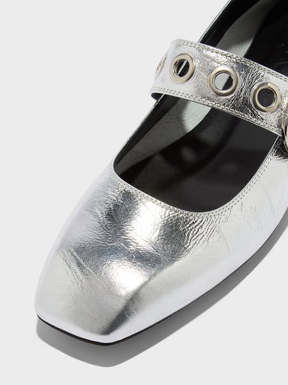 Aeyde | Uma Leather Flats for Women | Silver Crackle Calf | Square Toe | Flat Heel | Heel Details
