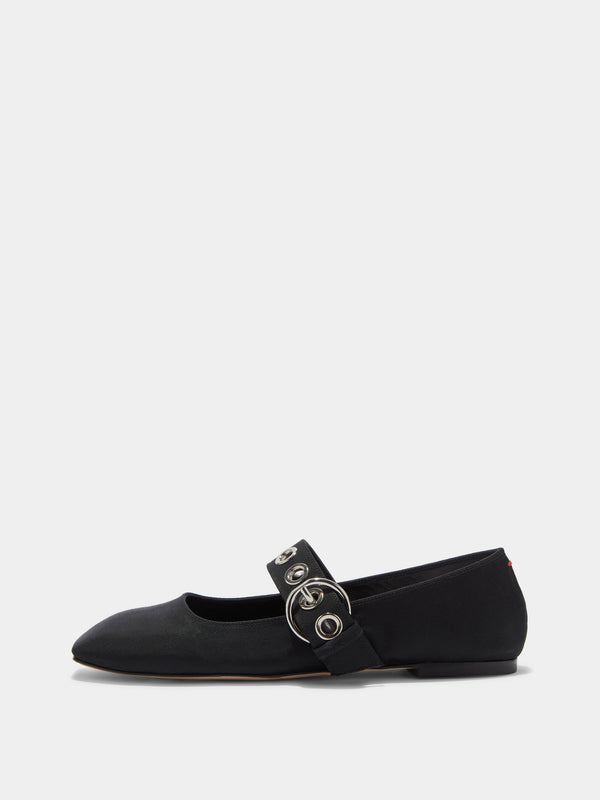 Aeyde | Uma Leather Flats for Women | Black Grosgrain | Square Toe | Flat Heel | Side View [x=50,y=85]