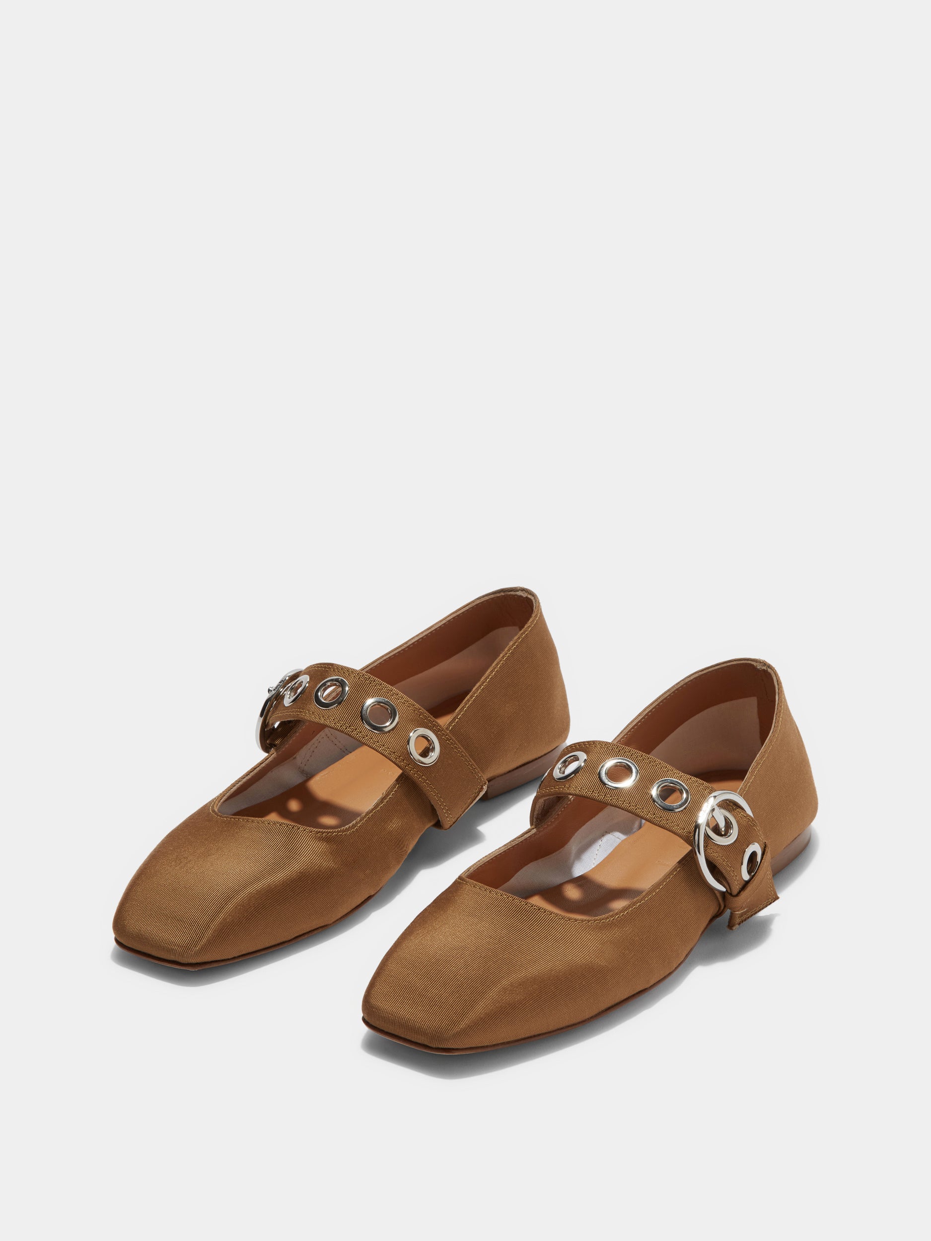 Aeyde | Uma Eyelet Grosgrain Mary-Janes Flats Leather Flats for Women | Caramel Grosgrain | Square Toe | Flat Heel | On Feet