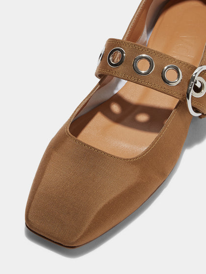 Aeyde | Uma Eyelet Grosgrain Mary-Janes Flats Leather Flats for Women | Caramel Grosgrain | Square Toe | Flat Heel | Luxury Materials | Handmade in Italy