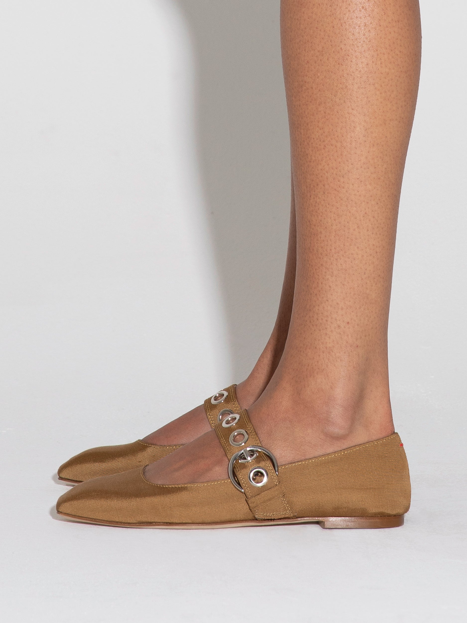 Aeyde | Uma Eyelet Grosgrain Mary-Janes Flats Leather Flats for Women | Caramel Grosgrain | Square Toe | Flat Heel | How to Style