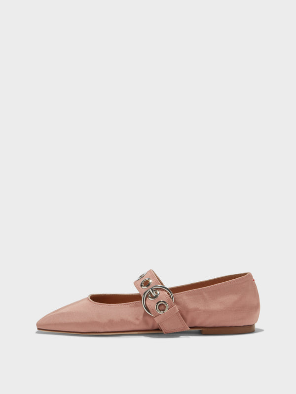 Aeyde | Uma Leather Flats for Women | Coral Grosgrain | Square Toe | Flat Heel | Side View [x=50,y=85]